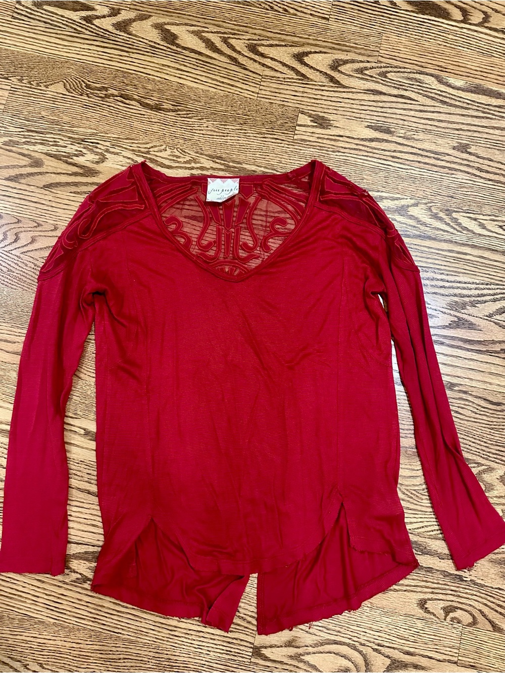 Free People Burgundy V-Neck Long Sleeve Top with Lace Insets